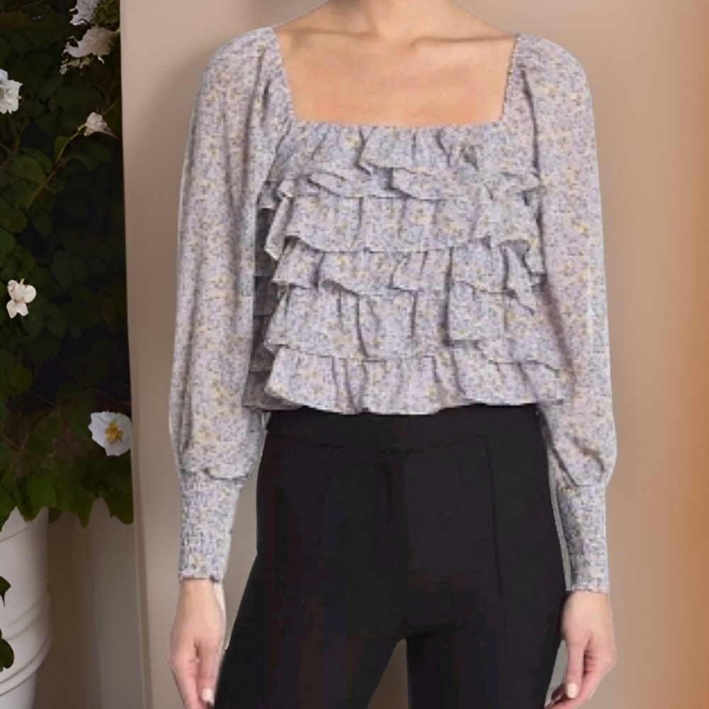 Astr The Label Blue Ditsy Floral Print Long Sleeve Ruffled Crop Top